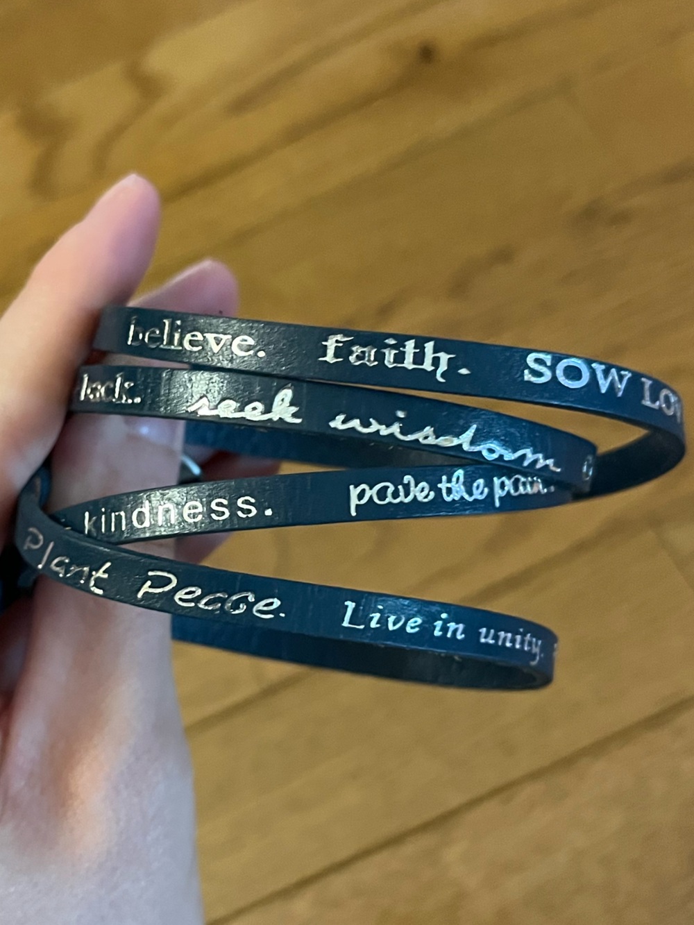 Inspirational Black Leather Wrap Bracelet with Silver Script